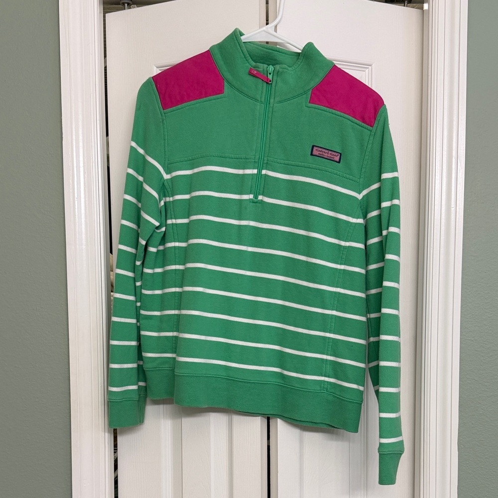 Vineyard Vines Green and Pink Striped Quarter-Zip Pullover